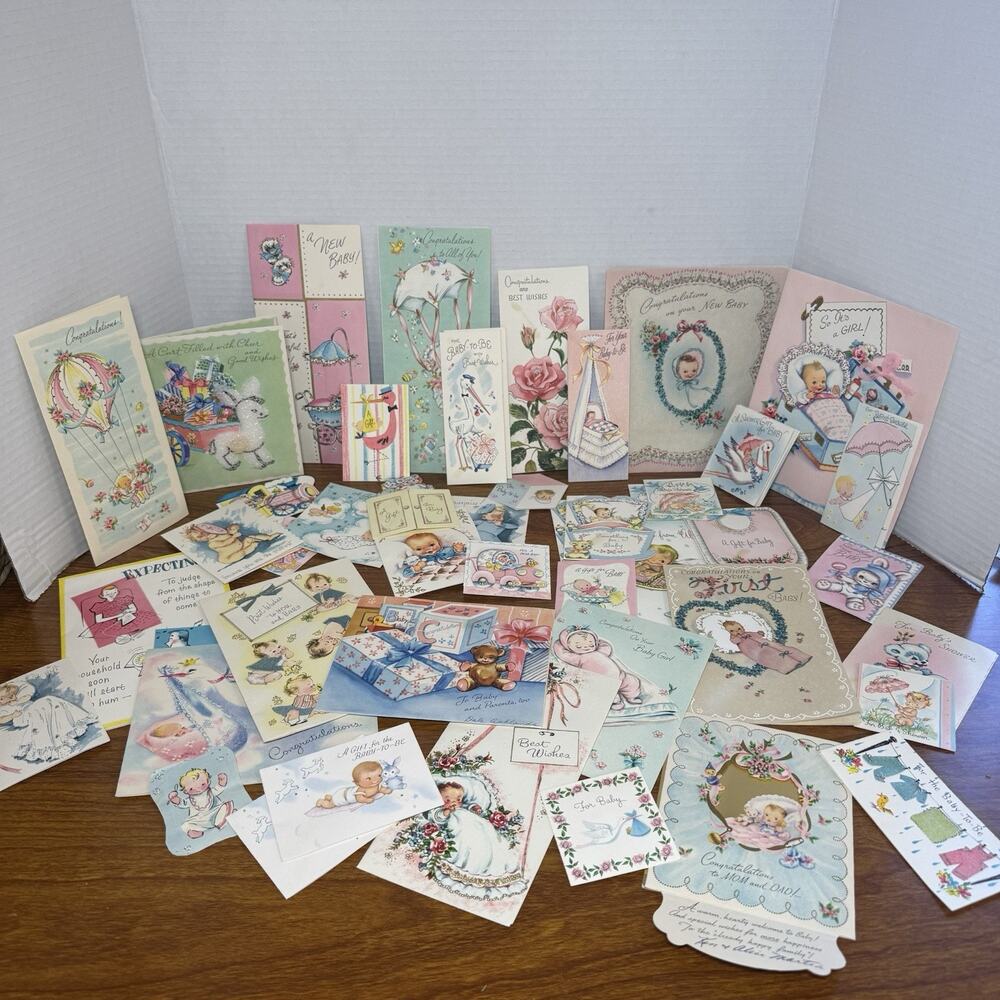 Lot of 47 Vintage Greeting Cards Congrats Baby Shower -used-